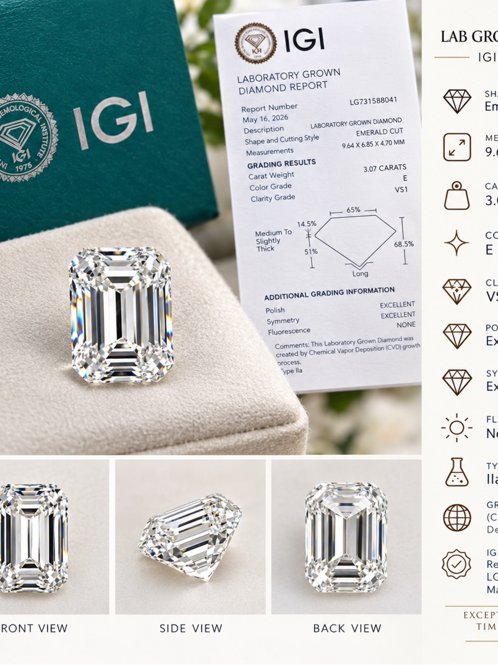 💎 Lab-Grown Diamond – 3.07 CT Emerald Cut – IGI Certified - Picture 4 of 4
